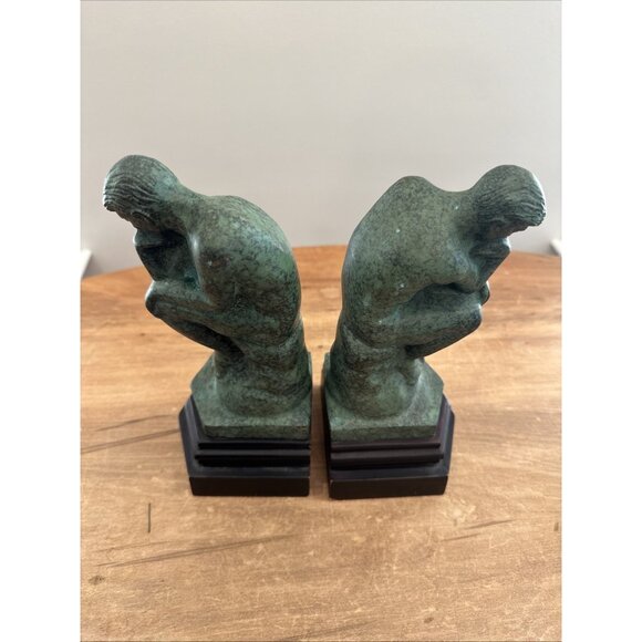 Rodin The Thinker Cast Metal Bookends Green Faux Verdigris Finish Vintage - Picture 2 of 12